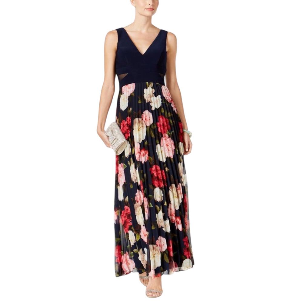 Xscape Navy Blue Sleeveless Floral Pleated Chiffon Cutout Maxi A-line Dress Sz 6